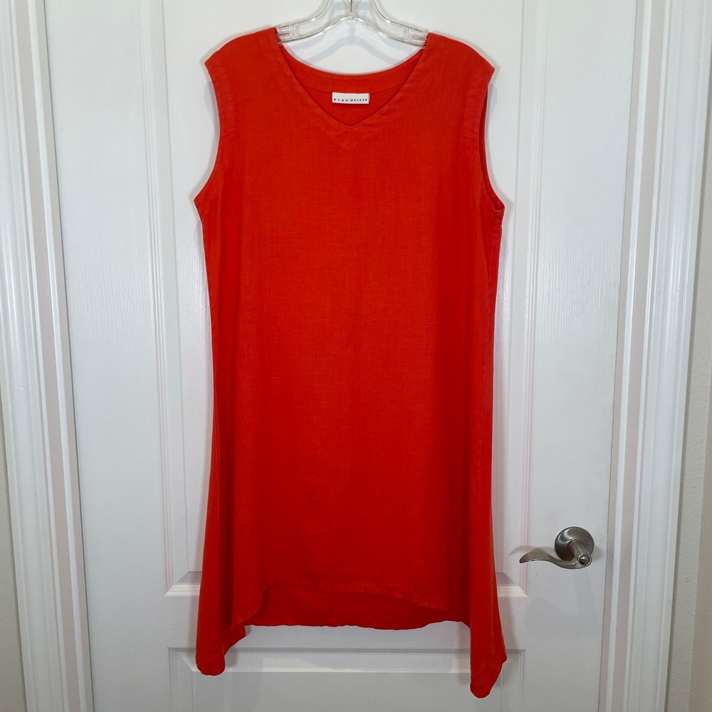 Bryn Walker Orange 100% Linen Dress‎ V-Neck Sharkbite Hem Tunic Lagenlook M